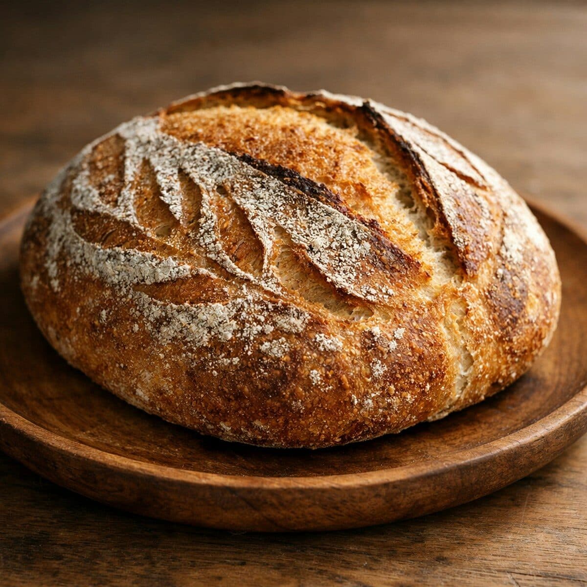 Golden brown artisan sourdough bread on wooden plate