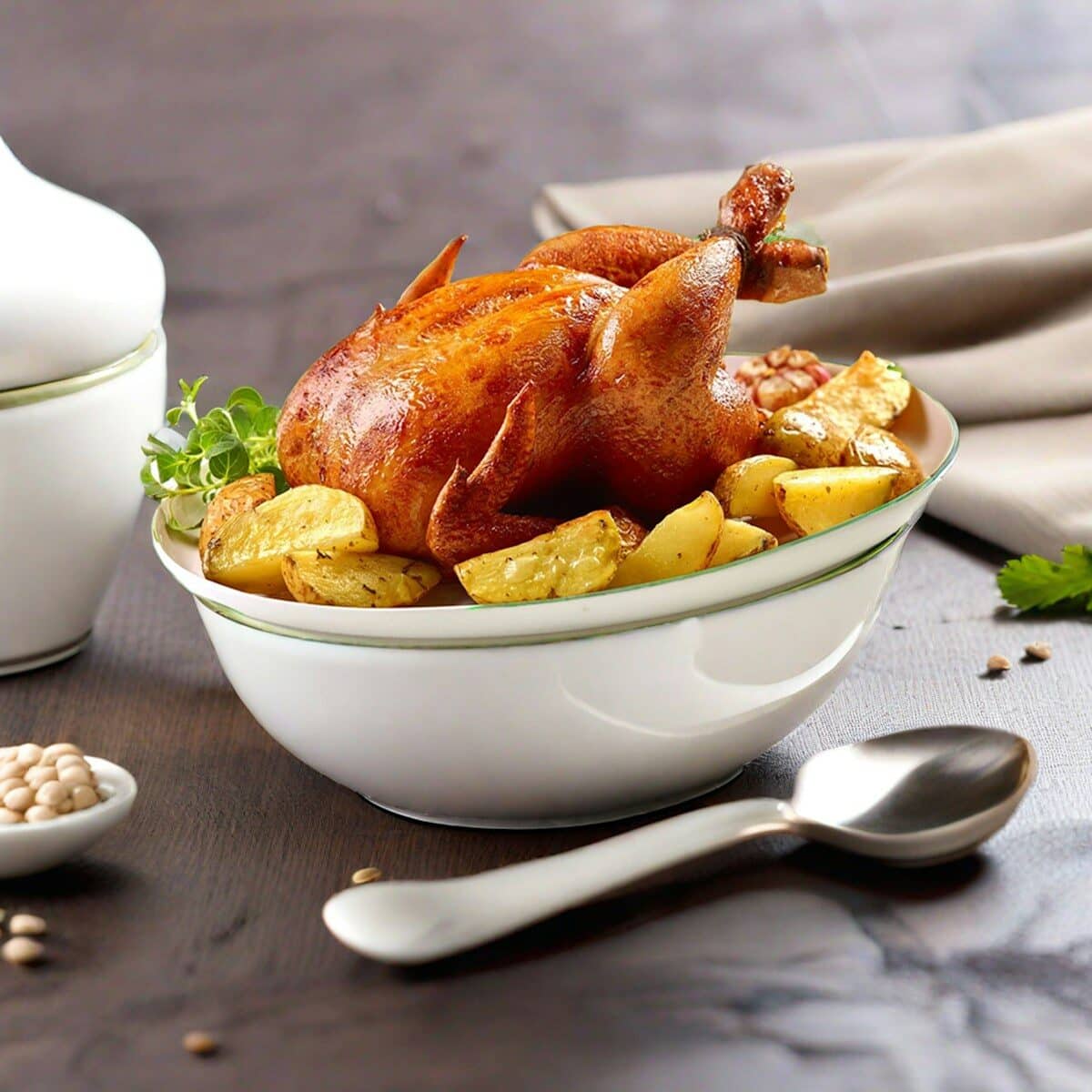 a roasted chicken in a bowl with potatoes and parsley